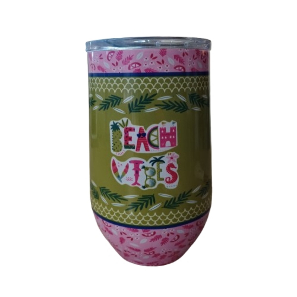 3/$15 MUGS SALE! Beach Vibes Pink Green 16 oz Stainless Steel Wine Tumbler